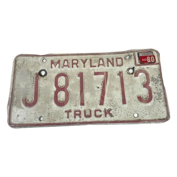 Vintage Maryland License Plate MD # J 81713 Red Expired in 1980 Truck Tag Retro - Picture 1 of 2